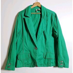 Bill Blass Women Green Cotton Denim Blazer Jacket 1X Single Button Pink Stitch